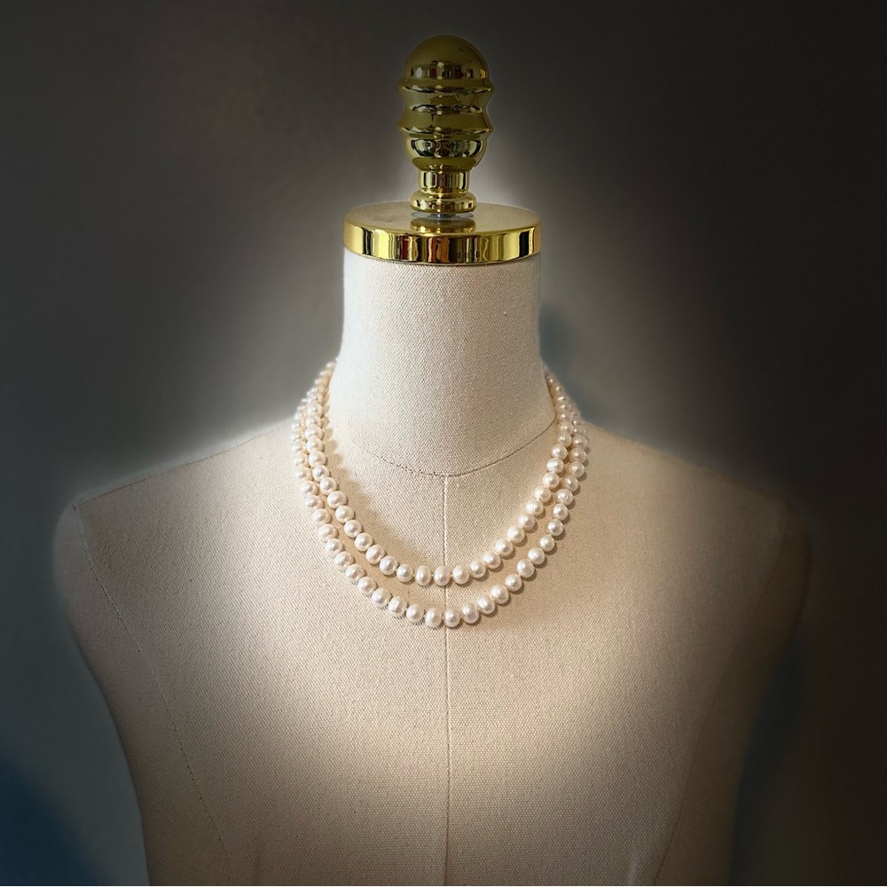 CULTURED FRESHWATER PEARL Double Strand Sterling Silver Clasp 20" Inch - Picture 2 of 11